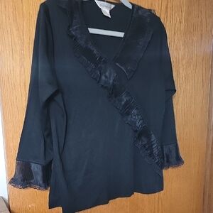 Misook Black Ruffled V-Neck Blouse